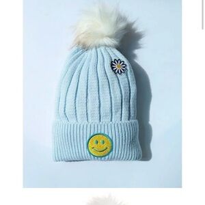 Aqua Light Blue Knit Hat with Fun Patches
